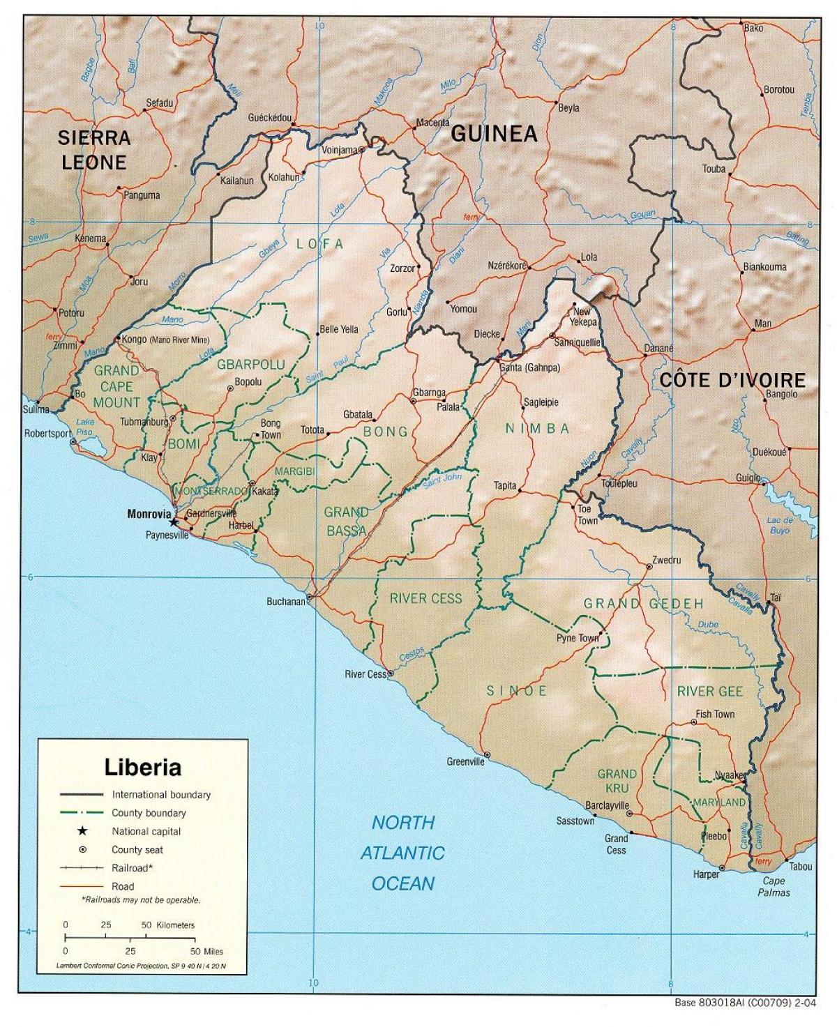 แผนที่ของแผนที่ทางภูมิศาสตร์ของไลบีเรีย